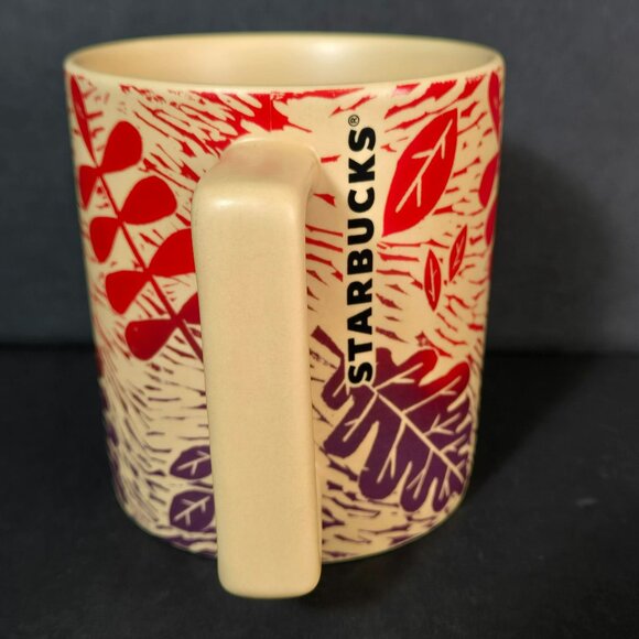 Starbucks 2017 Fall Leaves Beige Mug Red & Purple Leaf Pattern 12 Oz Coffee Cup - Picture 2 of 8